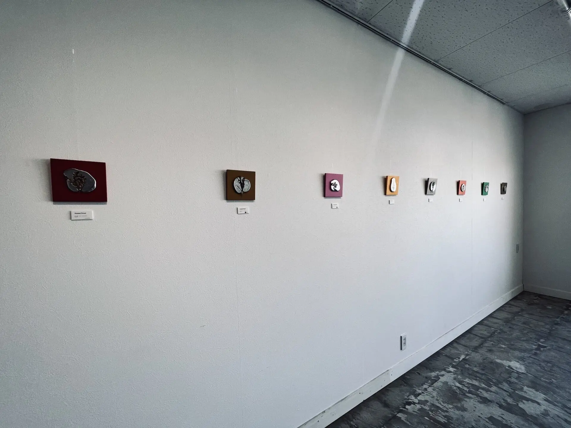 白い壁に小さな錫の作品が等間隔に並ぶ個展の会場