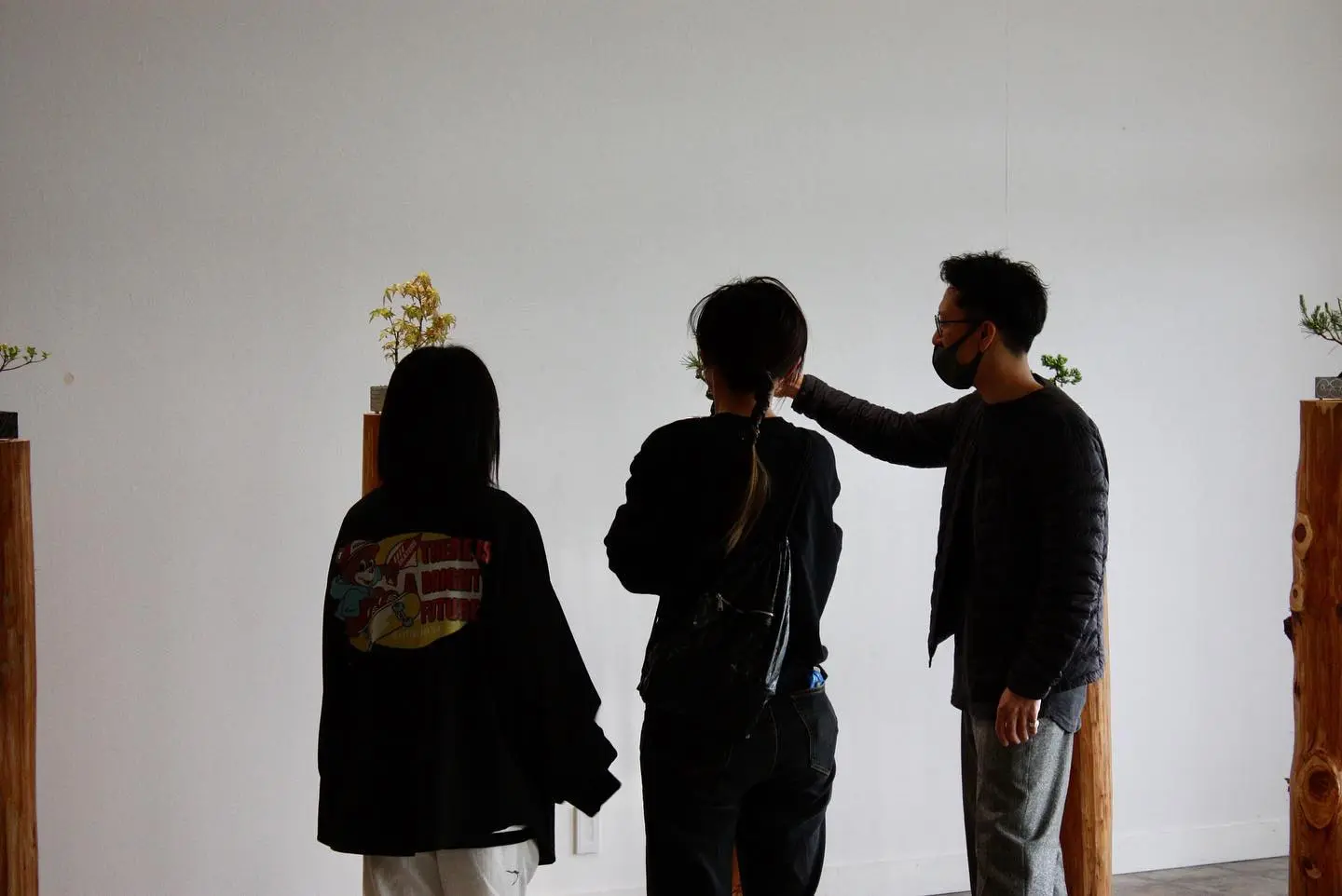 白い展示室で、盆栽の作品を前に話す来場者